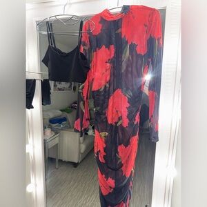 3 piece Floral Red and Black Dress with Black Crop Top and shorts set